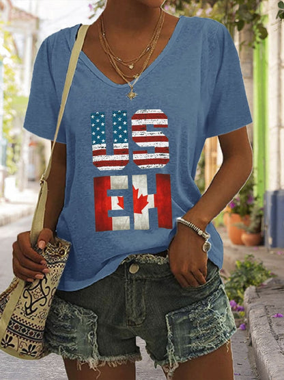 Women's Casual Canada Day Graphic Print V-Neck Short Sleeve T-Shirt
