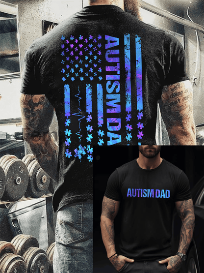 Men's Retro Autism Puzzle Piece American Flag Autism Awareness Printed Round Neck T-Shirt
