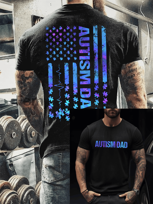 Men's Retro Autism Puzzle Piece American Flag Autism Awareness Printed Round Neck T-Shirt