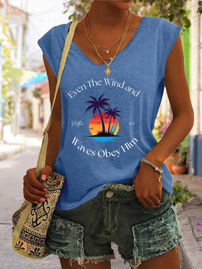 Women's Casual Christian Bible Verse Palm Tree Print Tank Top