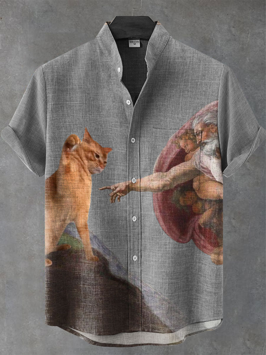 VIntage Funny Cat Art Print Casual 100% Cotton Shirt