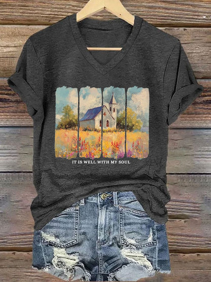 Women'S Casual It Is Well With My Soul Wildflower Christian Bible Verse Print Short Sleeve T-Shirt