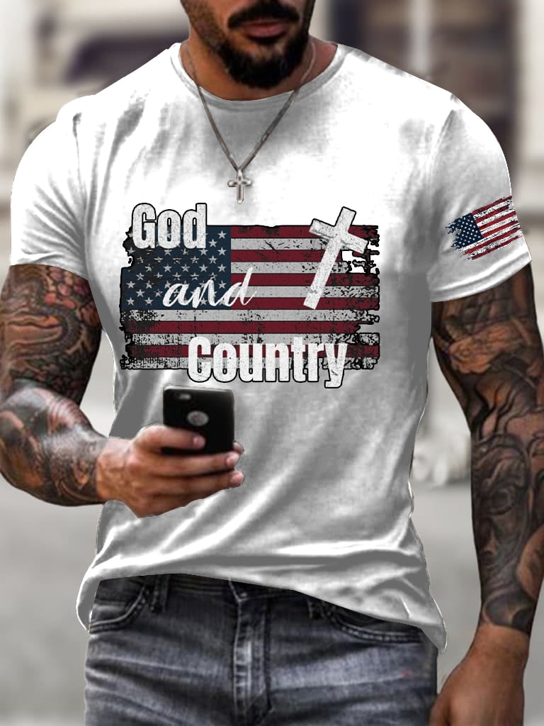 Men's Retro Independence Day Faith Printed Round Neck T-Shirt