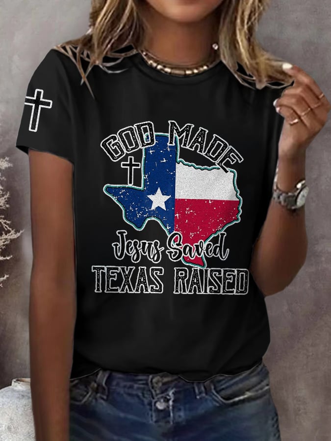 Retro Texas Strong God Made Jesus Saved Texas Print T-Shirt