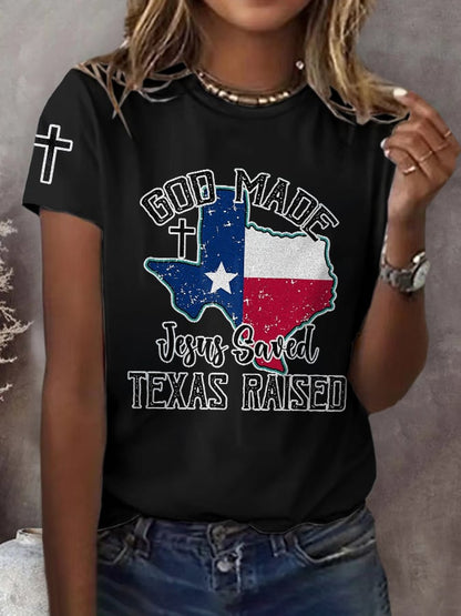 Retro Texas Strong God Made Jesus Saved Texas Print T-Shirt