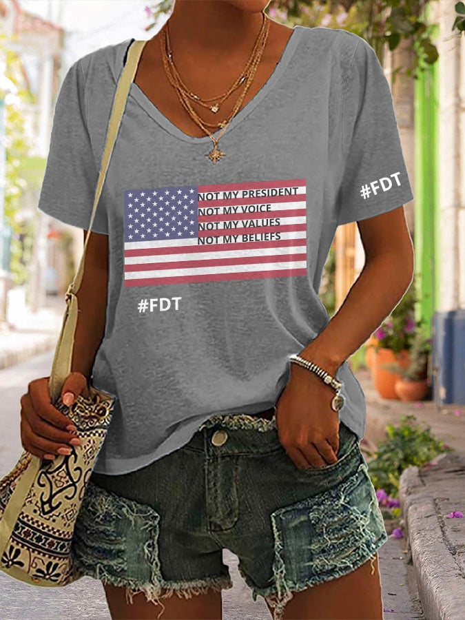 V-neck Retro FDT Not My President, Not My Voice, Not My Values, Not My Beliefs Print T-Shirt