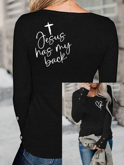 Women's Faith Love Like Jesus Jesus Has My Back Print Button Top