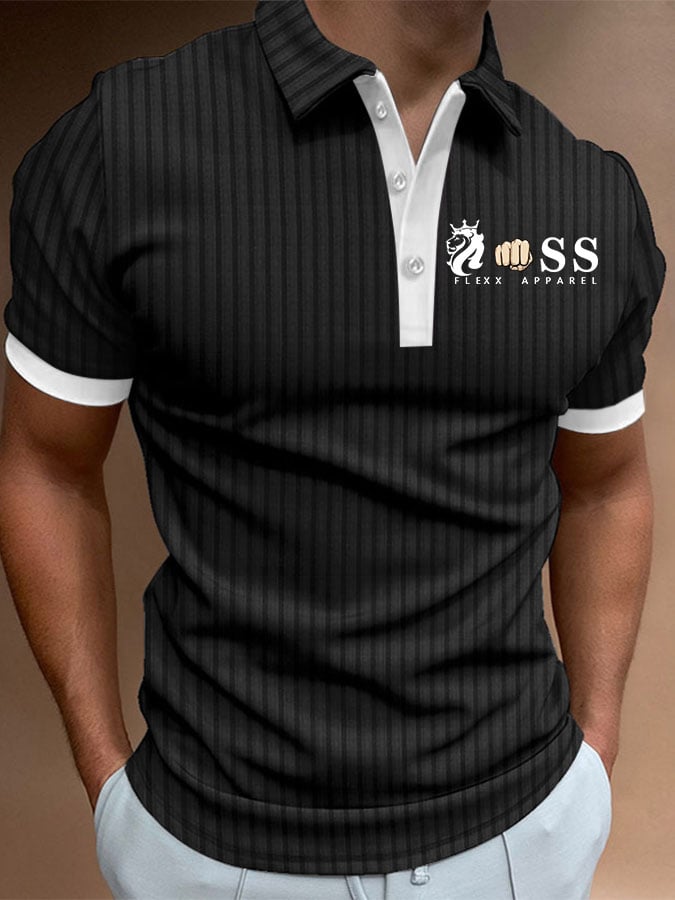 Men's Striped Lettering Casual Polo Shirt