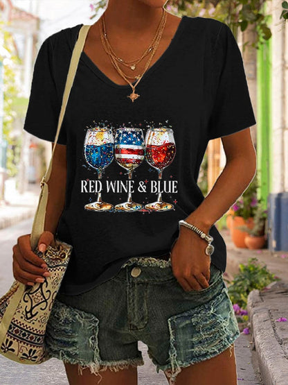 🔥Last Day 49% Off🔥Women's Red Wine & Blue Print Casual T-Shirt