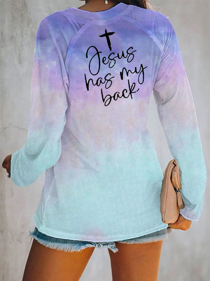 Women's Faith Love Like Jesus Jesus Has My Back Print V-Neck Long Sleeve T-shirt