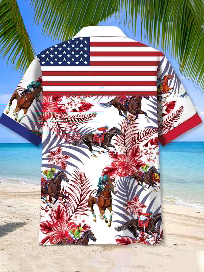 Men's Horse Racing Print Fashion Short Sleeve Shirt