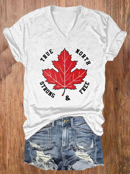 Women's Canada True North Strong & Free Print V-Neck T-Shirt