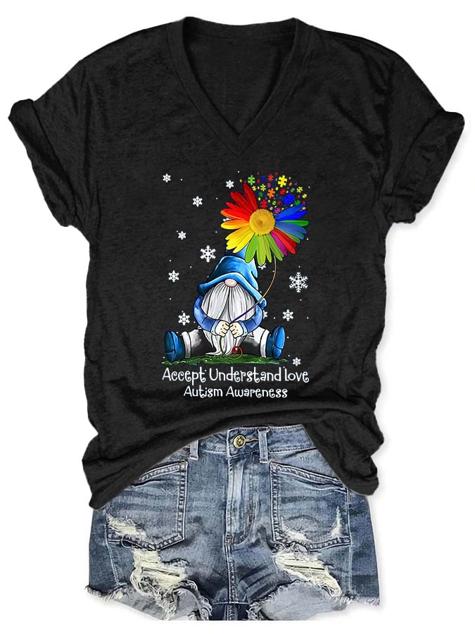 V-neck Gnome Autism Awareness Accept Understand Love Print T-Shirt
