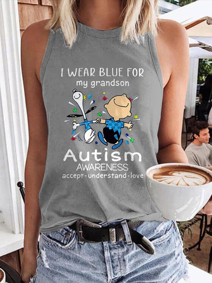 Autism Awareness I Wear Blue For My Grandson Print Tank Top