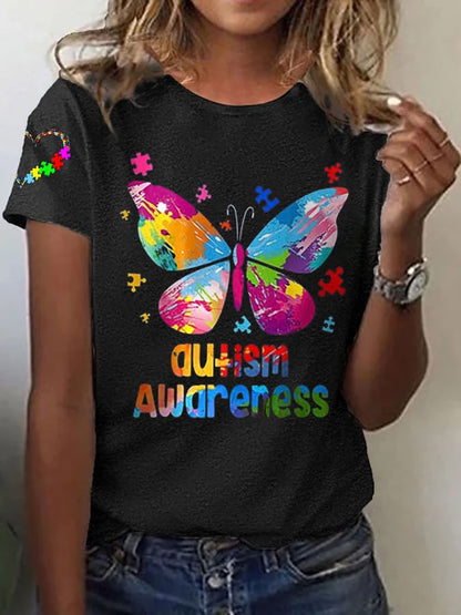 Women's Autism Awareness Printed Casual T-Shirt