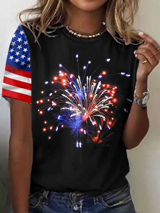 Women's Flag Fireworks Independence Day Print Casual T-Shirt