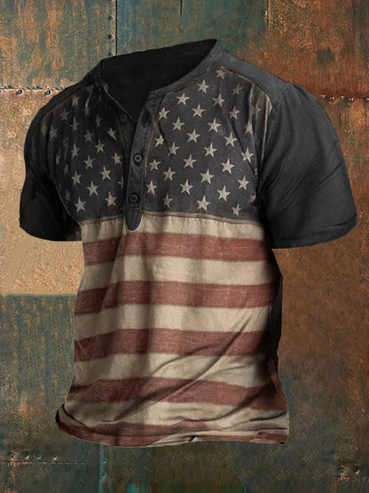 Men'sVintage American Flag Print Henley Collar T-Shirt