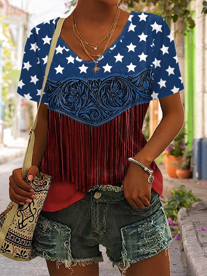 🔥Last Day 49% Off🔥Women's American Flag Pattern Floral Tassel Art Print T-Shirt