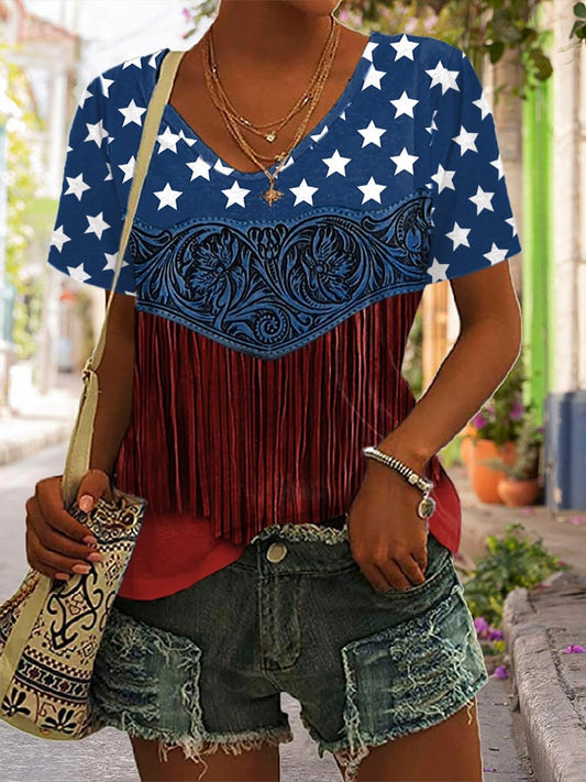 🔥Last Day 49% Off🔥Women's American Flag Pattern Floral Tassel Art Print T-Shirt