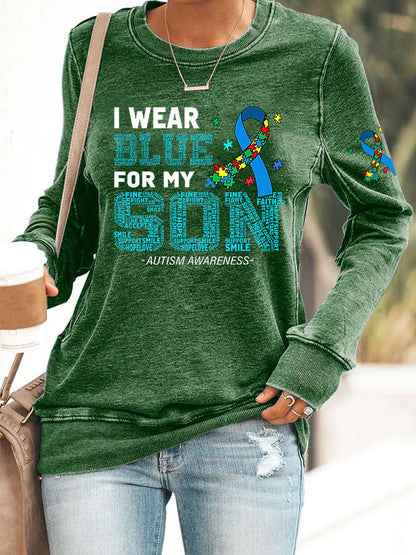 Women's Retro I Wear Blue For My Son Autism Awareness Printed Casual Sweatshirt