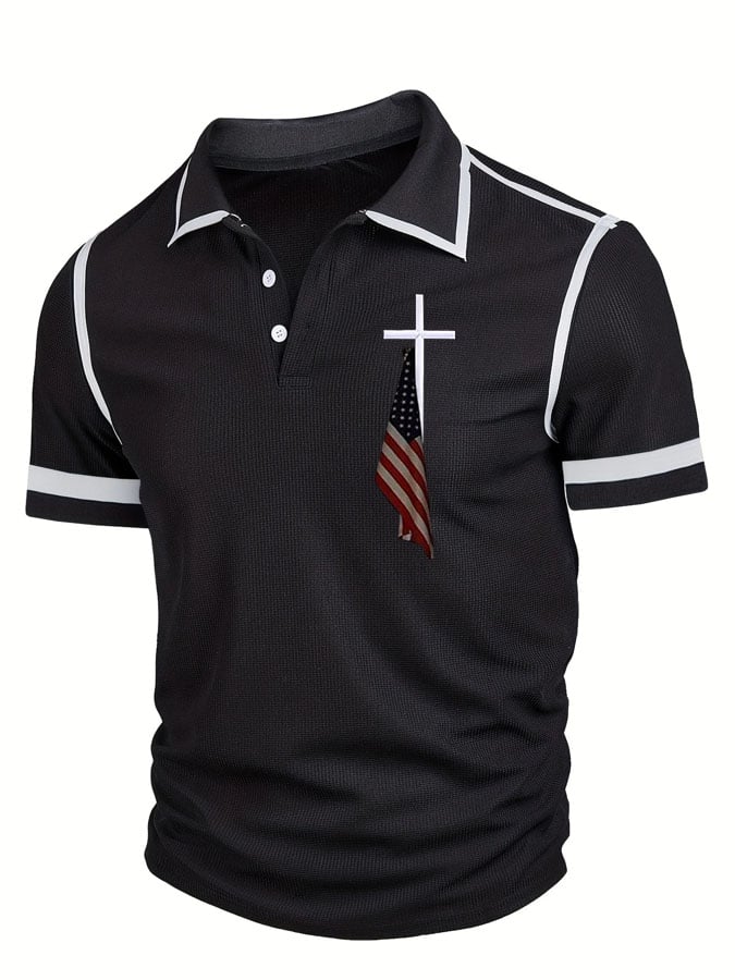 Men's Flag Cross Print Waffle Polo Shirt
