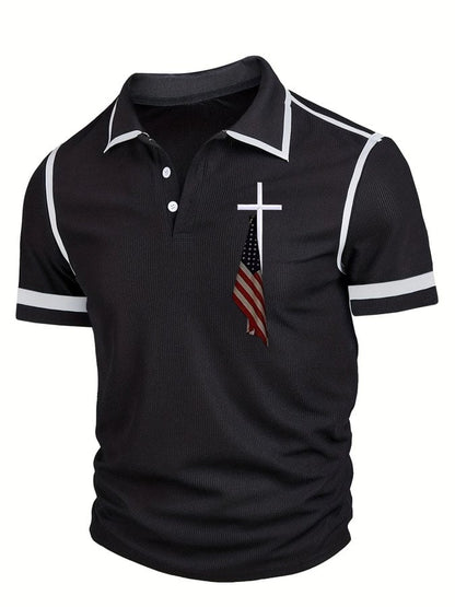 Men's Flag Cross Print Waffle Polo Shirt