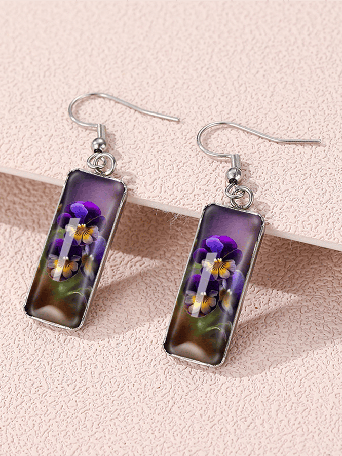 Purple Square Pansy Design Earrings