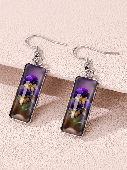 Purple Square Pansy Design Earrings