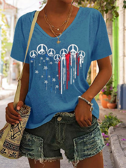 Women's American Flag Independence Day Print V-Neck T-Shirt