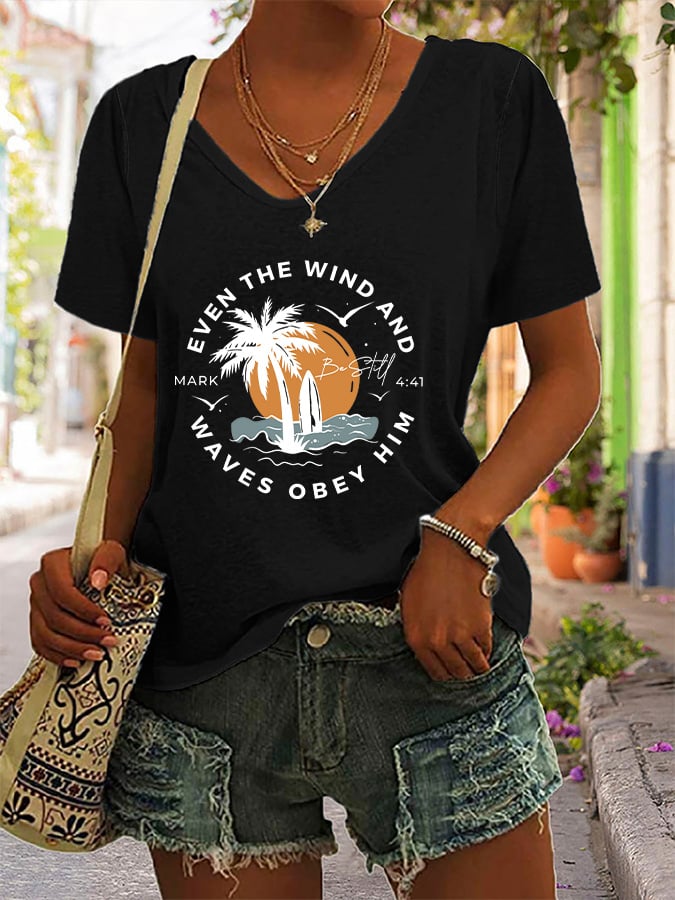 Women's Casual Christian Faith Bible Verse Palm Tree Print V-Neck Short Sleeve T-Shirt