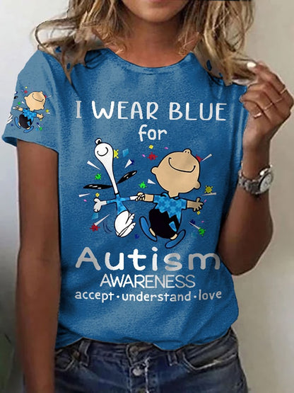 Retro Autism Awareness I Wear Blue For Autism Print T-Shirt