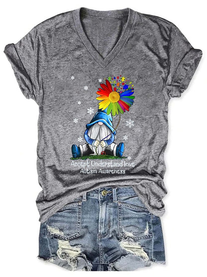 V-neck Gnome Autism Awareness Accept Understand Love Print T-Shirt
