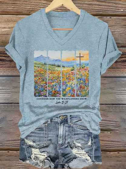 Women'S Casual Consider The Wildflowers Watercolor Aesthetic Christian Print Short Sleeve T-Shirt