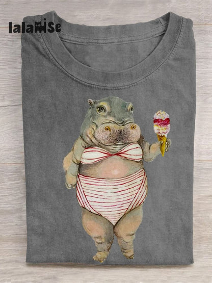Funny Hippo Art Pattern Print Casual T-shirt
