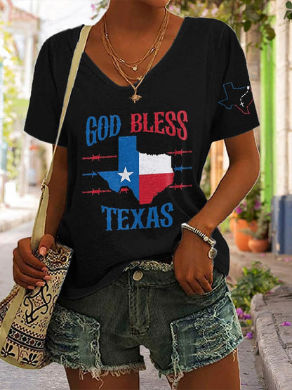 V-Neck Retro Texas Strong God Bless Texas Print T-Shirt