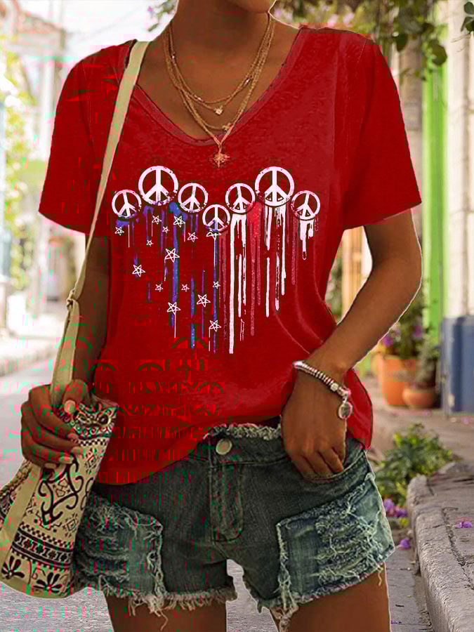 Women's American Flag Independence Day Print V-Neck T-Shirt
