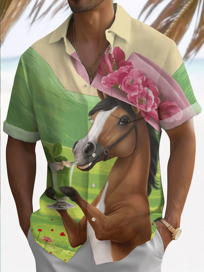 Men's Horse Racing Print Shirt (With Pockets)