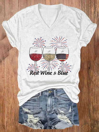 🔥Last Day 49% Off🔥Women's Red Wine and Blue Print T-shirt