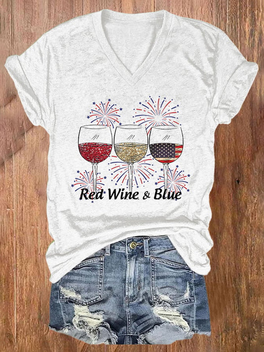 🔥Last Day 49% Off🔥Women's Red Wine and Blue Print T-shirt