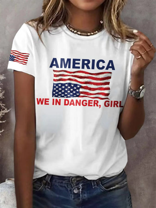 Retro America We Are In Danger Girl Print T-Shirt