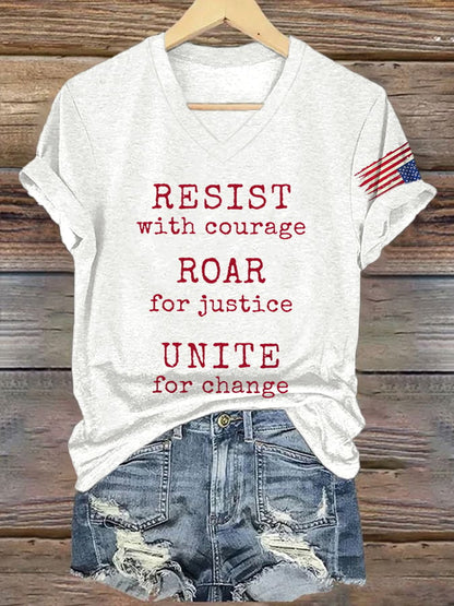 V-Neck Retro Resist With Courage Roar For Justice Unite For Change Print T-Shirt