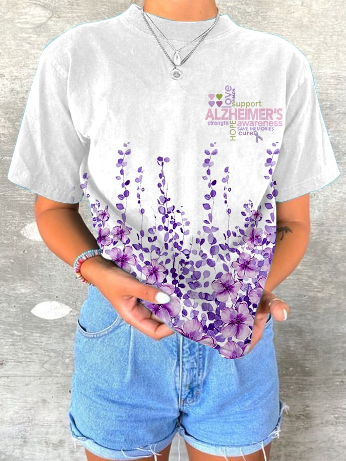Women's Alzheimer's Awareness Floral Print T-Shirt