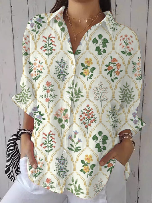 Women's casual retro forest floral print cotton and linen shirt