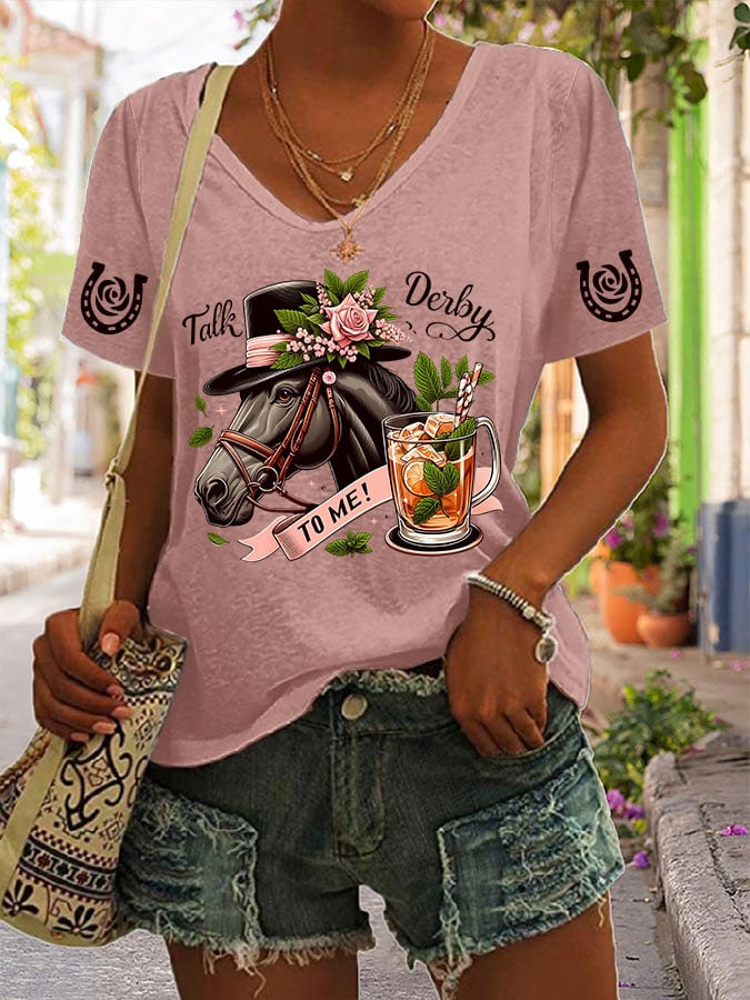 Women's Horse Racing Print V-Neck T-Shirt