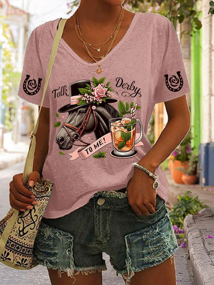 Women's Horse Racing Print V-Neck T-Shirt