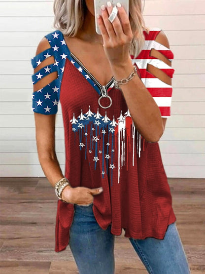 🔥Last Day 49% Off🔥Women's Flag Printed V-Neck Zipper Casual T-Shirt