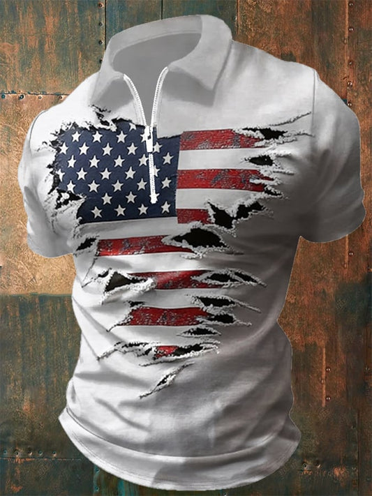 Men's Independence Day Patch National Flag Print Lion Zip-Up POLO Shirt