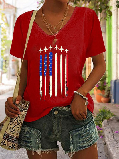 Women's American Flag Independence Day Print V-Neck T-Shirt