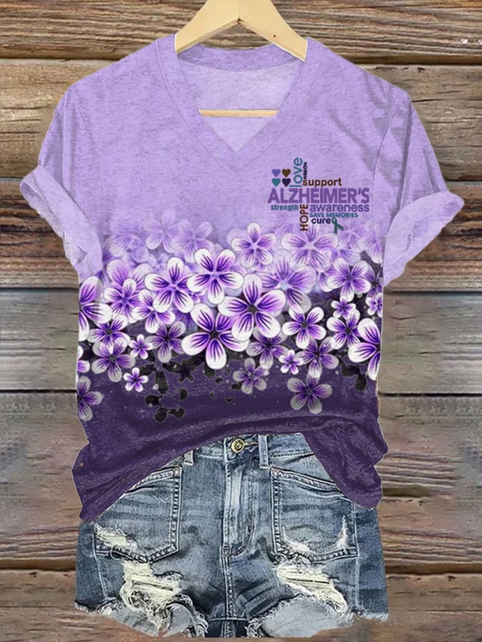 Women'S Alzheimer's Disease Awareness Floral  Printed Casual T-Shirt