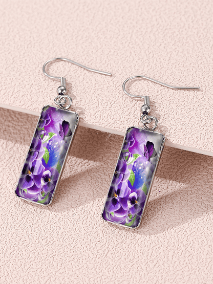 Purple Square Pansy Design Earrings